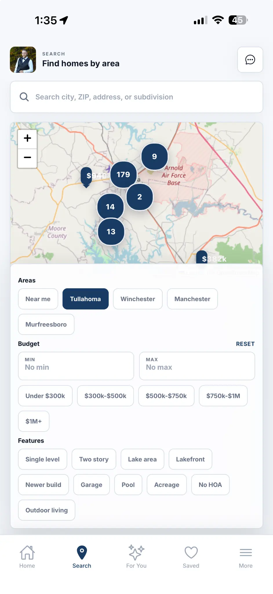 Tullahoma TN homes for sale search results displayed on a map with property cards